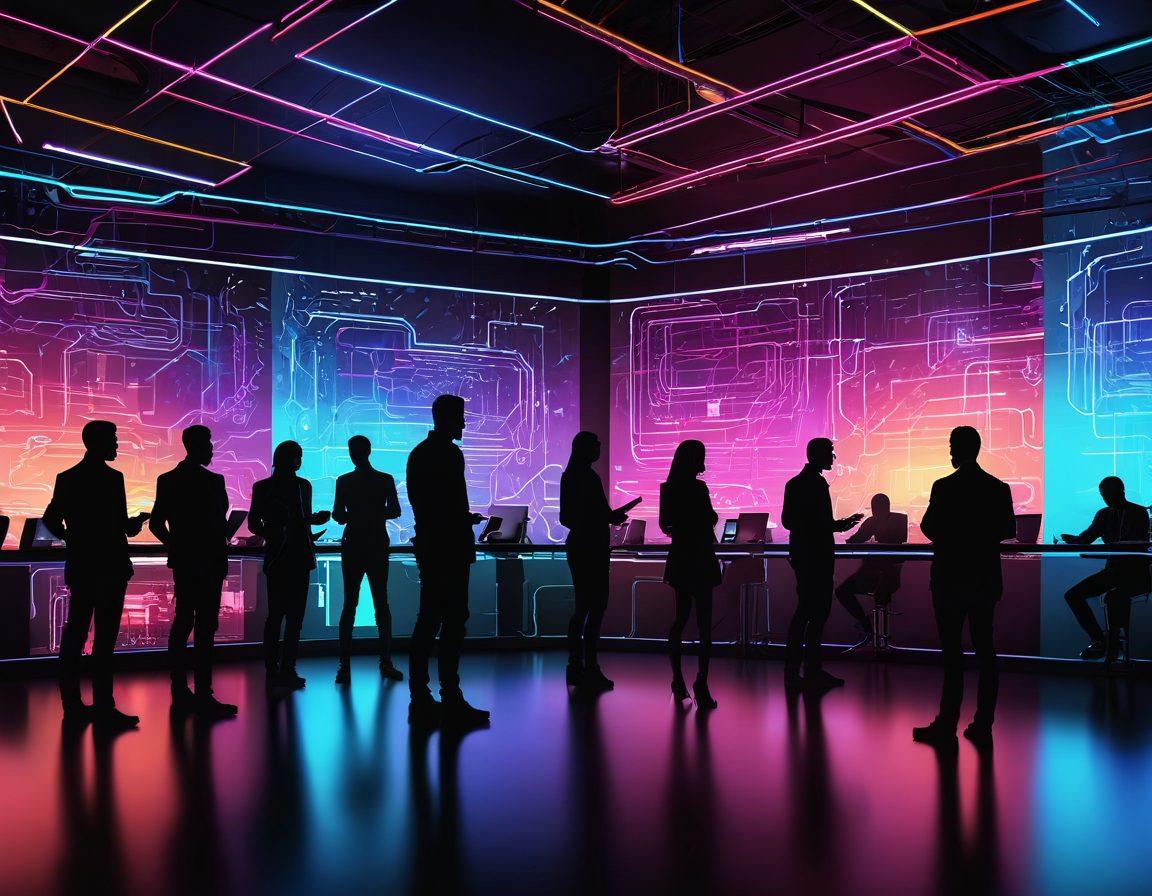 A digital landscape showcasing diverse adult networking platforms, featuring abstract silhouettes of diverse people interacting through futuristic devices. Incorporate elements like neon lights and circuit patterns to highlight the cyber aspect, with a blend of warm and cool colors to represent connection and exploration. The backdrop should evoke a sense of innovation and anonymity in the adult services space. vibrant colors. cyberpunk. 3D.