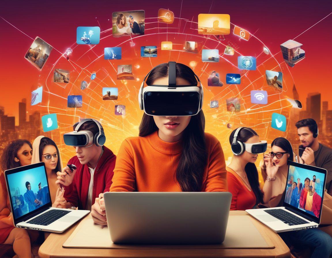 A vibrant digital collage showcasing diverse people engaged in online communication, with elements of virtual reality and adult entertainment intertwined. Highlight various devices like laptops and smartphones displaying streaming visuals and social networking icons, creating a dynamic atmosphere. Use warm colors to convey connection and engagement, while incorporating abstract shapes to symbolize networking. super-realistic. vibrant colors. digital art.