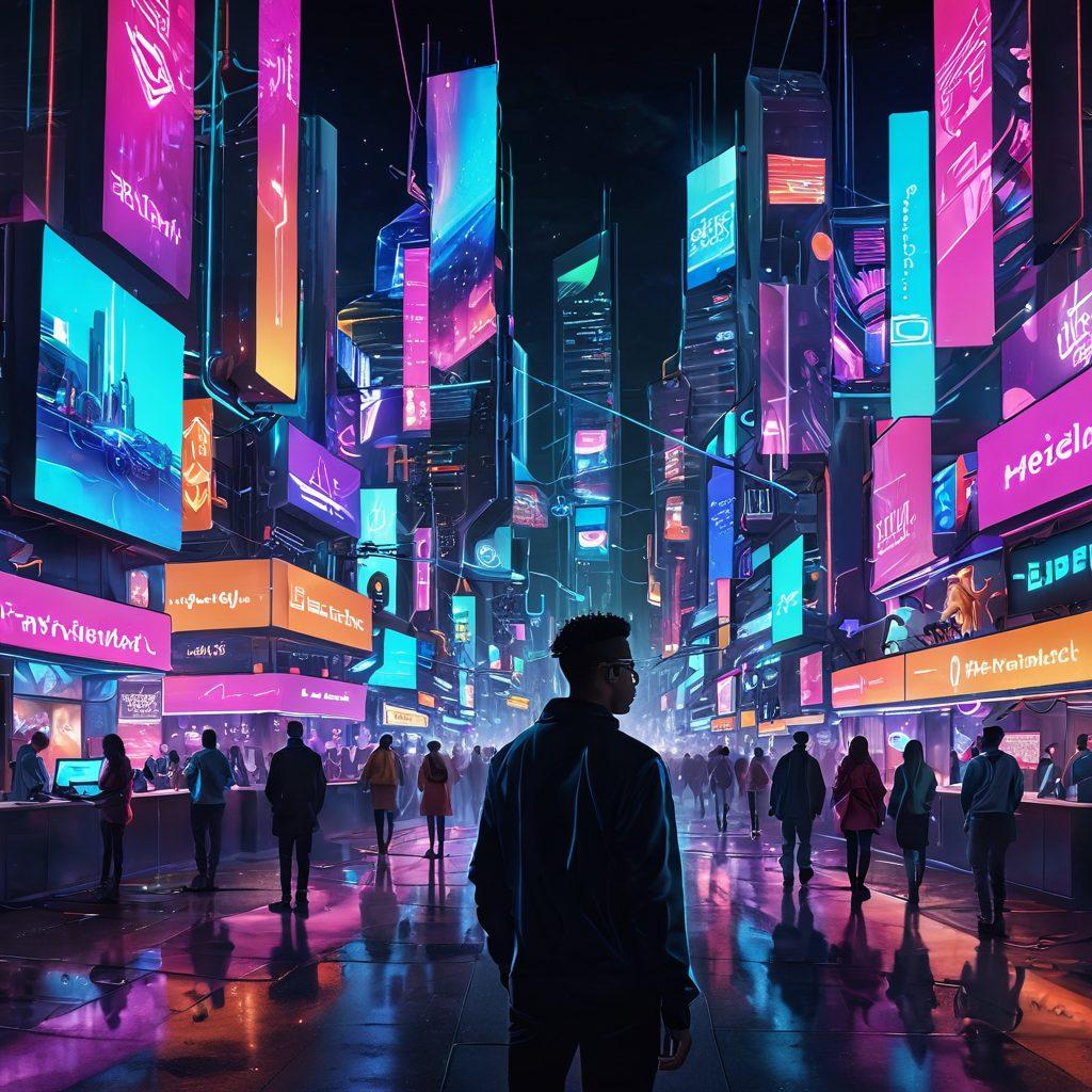 An abstract digital landscape illustrating the intersection of technology and adult services, featuring holographic interfaces of diverse individuals connecting in a virtual world. Include neon lights, futuristic cityscapes, and symbols representing innovation in adult services, blending into a vibrant cyberpunk theme. super-realistic. vibrant colors. dynamic composition.